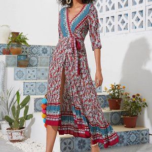 Asymmetrical Hem Wrap Knot Paisley Dress